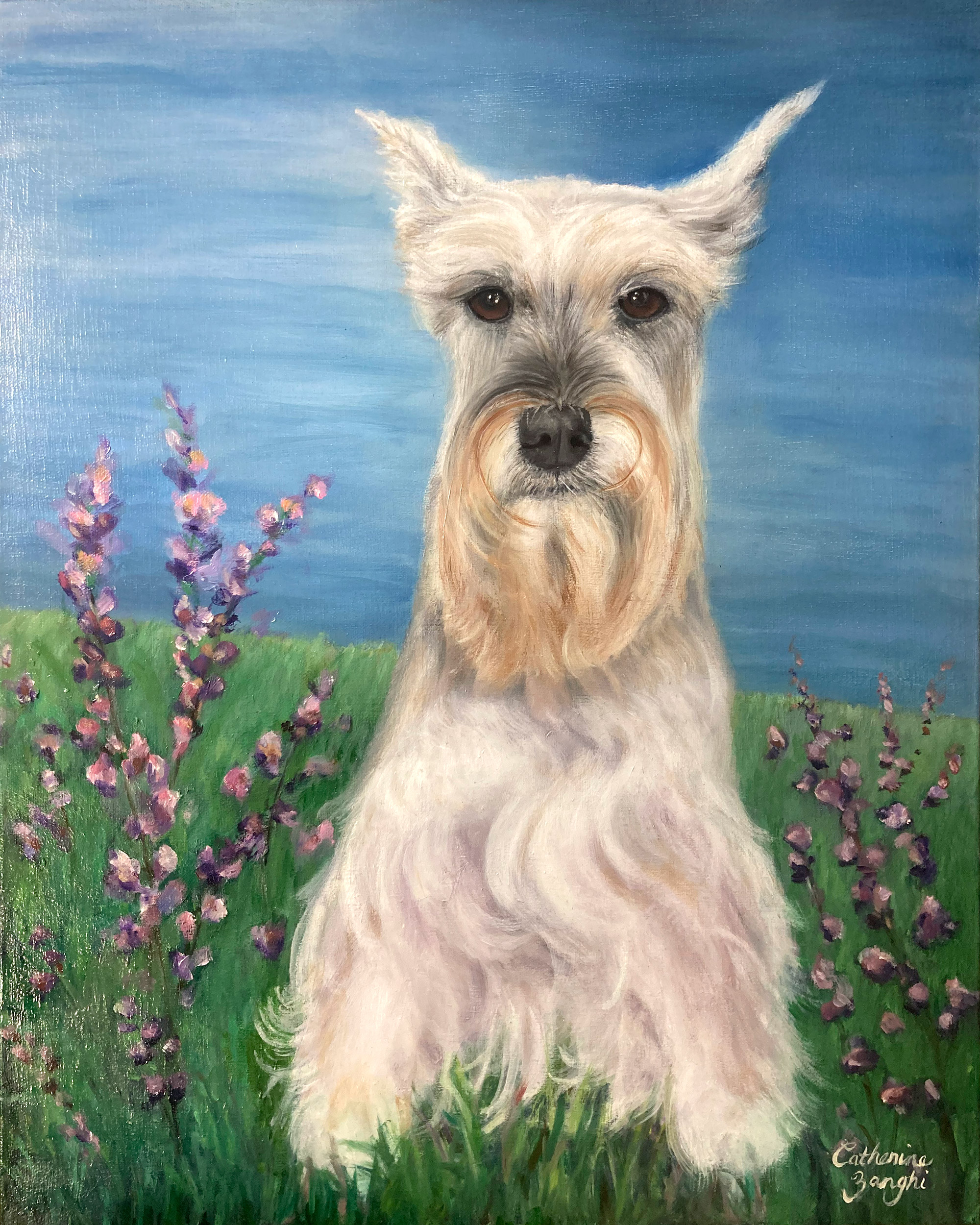 Oil Painting pet portrait schnauzer with purple flowers